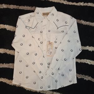 Navy Blue and White Wrangler Horseshoe Snap Button Shirt